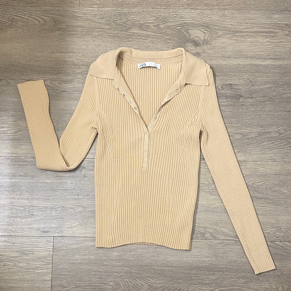 ZARA Beige/Camel Ribbed Collared Long Sleeve Button-Up Top